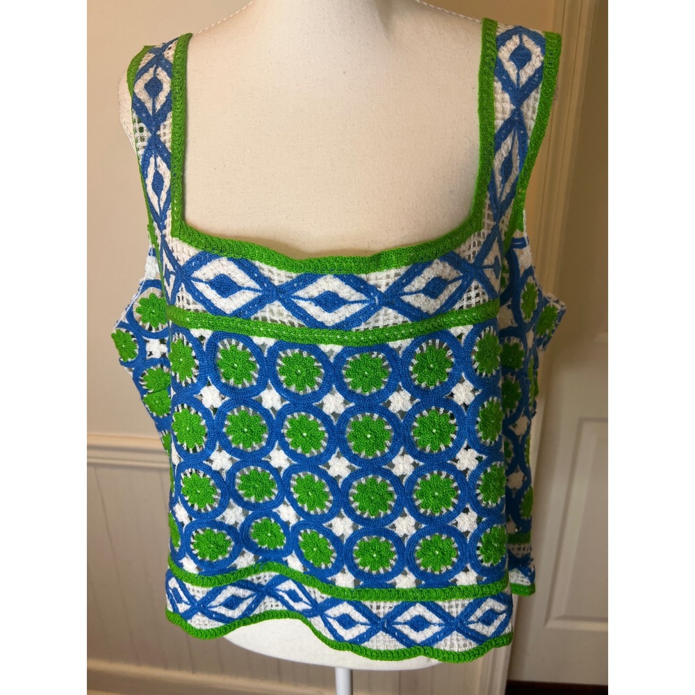Chelsea & Violet XL Crochet Tank Top Blue Green Geometric Floral‎ Boho NWT